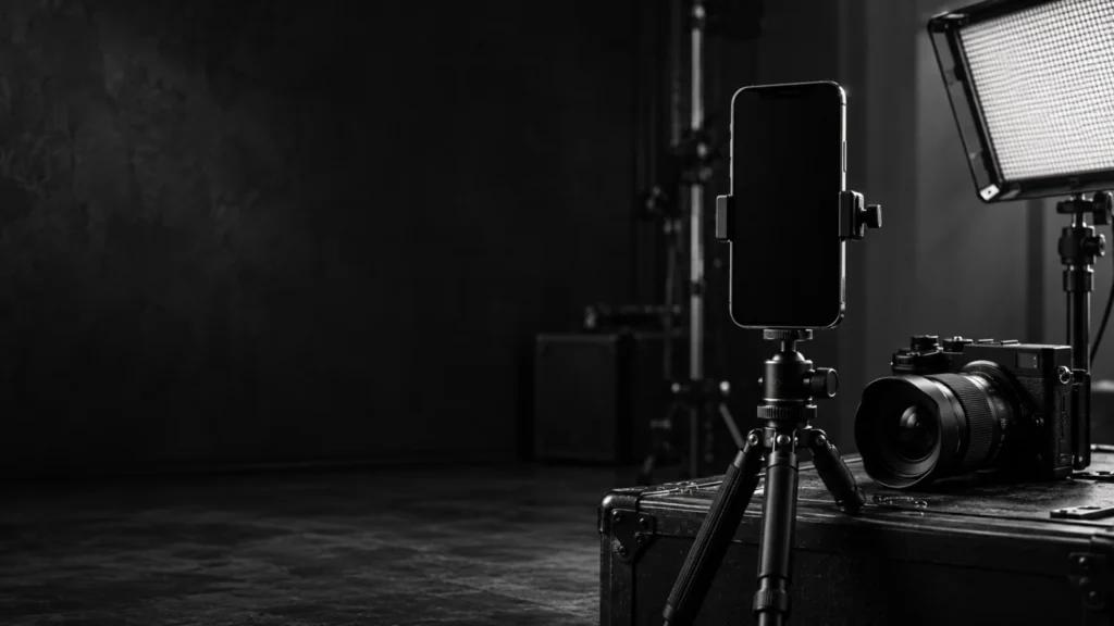 Studio mit Smartphone, Kamera und Studiolicht für die Content-Produktion