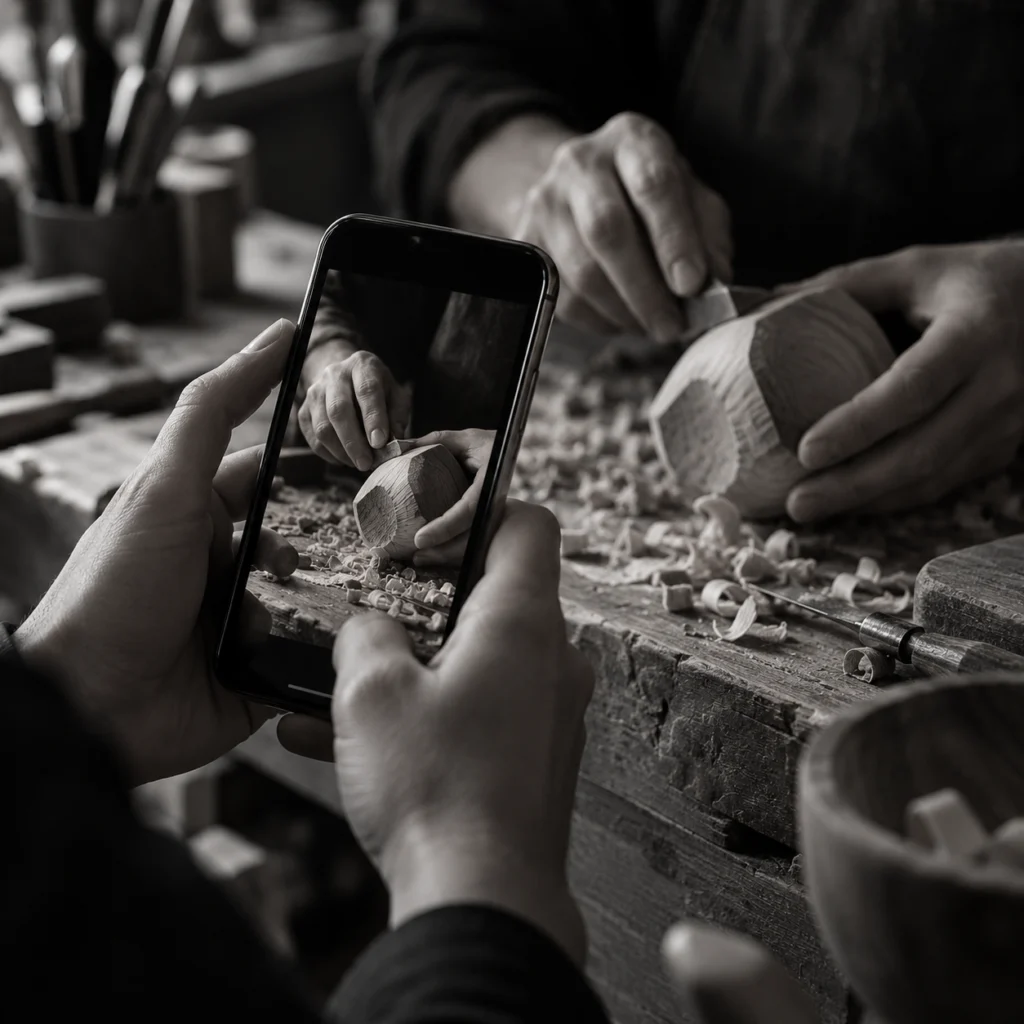 Ein Smartphone filmt handwerkliche Arbeit für ein Reel