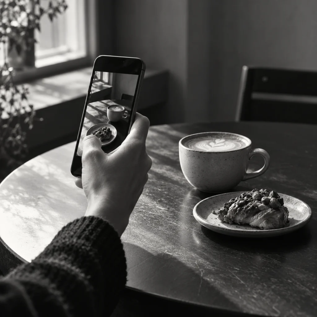 Ein Smartphone fotografiert Kaffee und Gebäck für eine Story